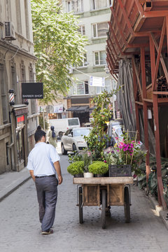 A flower vendor photographed from behind on a street in Istanbul, Turkey.