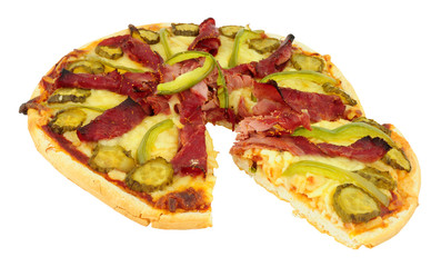 Pastrami meat and cheese topped pizza isolated on a white background