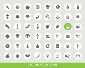 Set of Elegant Universal Black Minimalistic Solid Food Icons on Circular Colored Buttons on Grey Background
