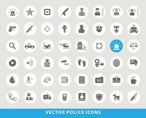 Set of Elegant Universal Black Minimalistic Solid  Police Icons on Circular Colored Buttons on Grey Background