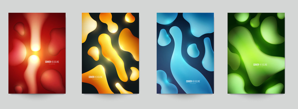 Modern trendy background cover posters, banners, flyers, placards. Set of abstract minimal template design for branding, advertising with realistic 3d fluid shapes. Vector illustration.