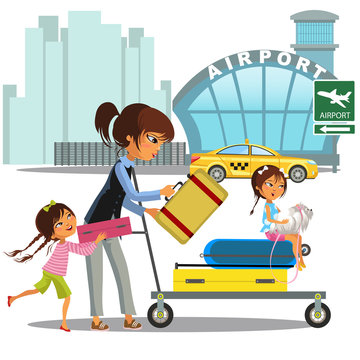 Family woman with girls in taxi waiting transfer to airport. Mom with two children carrying trolley with luggage on city street near building with plane vector illustration