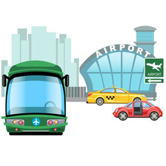 Vehicle waiting outside on airport building, car rental service, express bus transfer, taxi for fast travel vector illustration of modes of transport