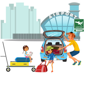 Family man with girls car transfer to airport. Dad with children carrying trolley with luggage on city street near auto ready to travel by airplane flight vector illustration