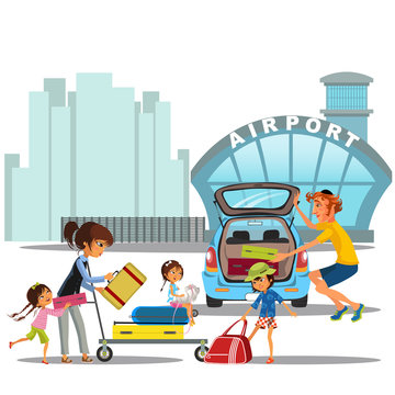 airport transfer, happy family mother with kids kepp his luggage for transportation, Womanan and her baggage came by car and ready to flight, auto transfer to air port building vector illustration