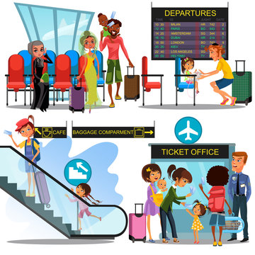 multinational people in airport waiting room, Man child girl in terminal sitting near luggage, family with children boarding plane by gate, Woman climbing escalator with suitcase vector illustration