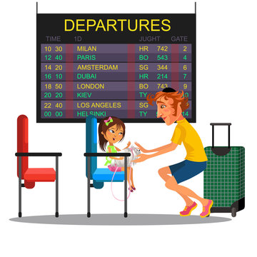Father with daughter watching schedule of departure aircraft on monitor in airport waiting room, man with girl sitting on chair near suitcase and rest luggage vector illustration on white background