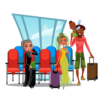 Witing room airport window and rows of chairs, multinational people in terminal, Asian woman with luggage, rican American man hold baby girl in hands carries suitcase vector illustration