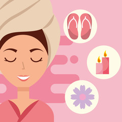 woman with towel on head sandals candle flower spa wellness vector illustration