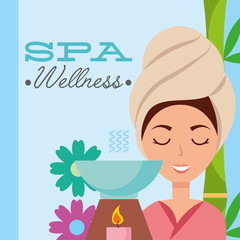 woman with towel on head aromatherapy candle flower spa wellness vector illustration