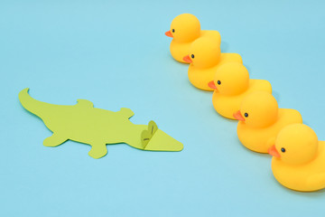 Challenge concept, rubber ducks are facing crocodile.