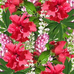 Beautiful floral background of Chinese roses and lupins 