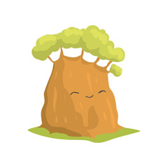 Cute green tree with smiling face expression. Cartoon character of forest plant with thick trunk. Flat vector design