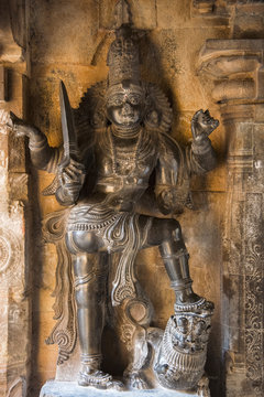 Koshtha image of dvarapala in the Subrahmanya shrine. Brihadishvara Temple, Thanjavur, Tamil Nadu