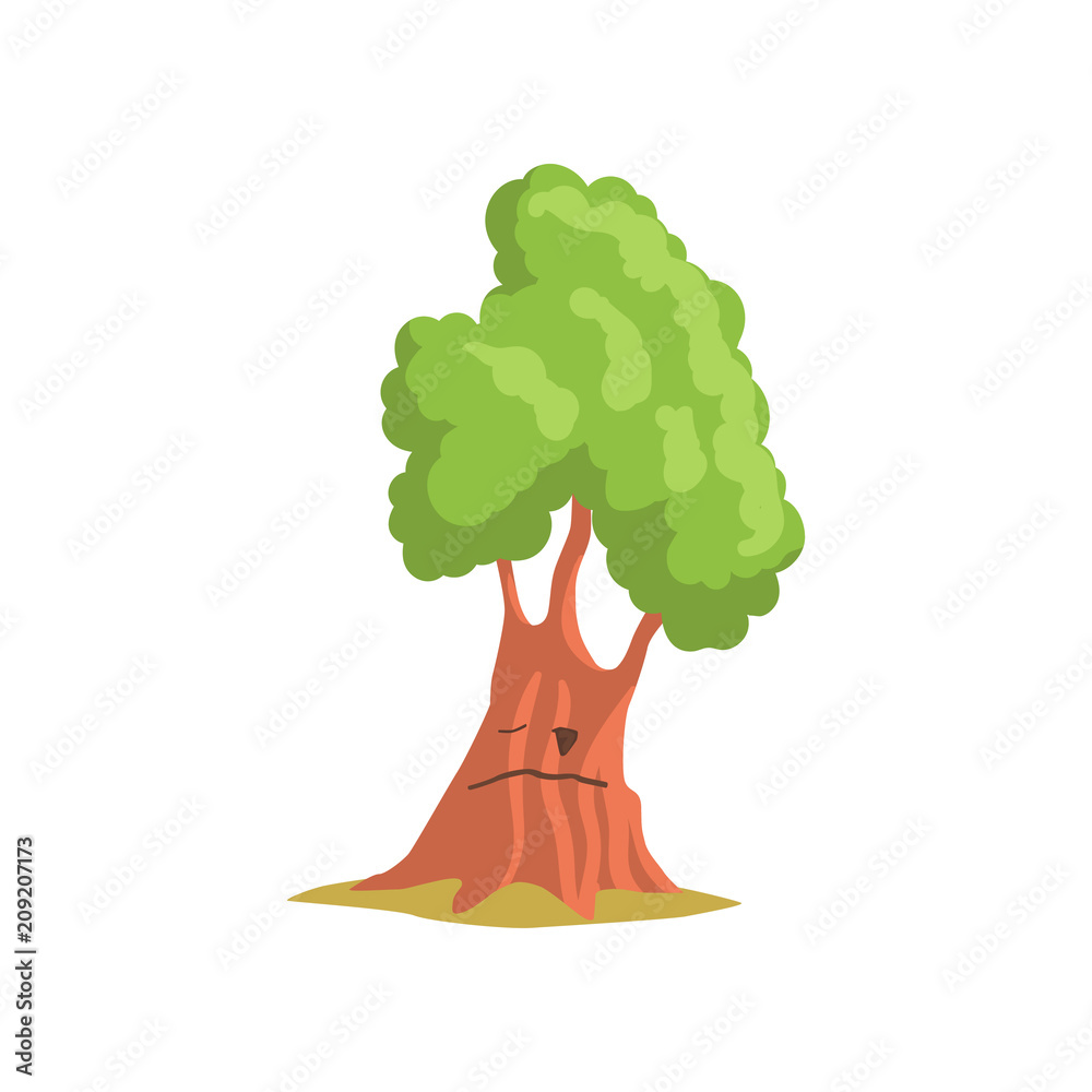 Poster Green oak tree with face. Forest or park plant. Landscape construction element. Flat vector design for mobile game or children book