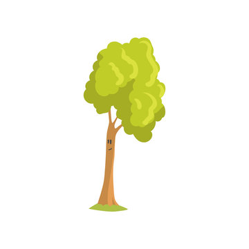 Tall tree with smiling face expression. Humanized forest plant with green foliage. Natural landscape element. Flat vector design
