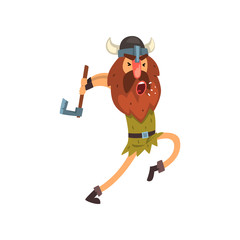 Furious viking attacking with axe, medieval cartoon character vector Illustration