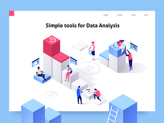 People interacting with charts and analysing statistics and data. Landing page template. 3d isometric illustration.