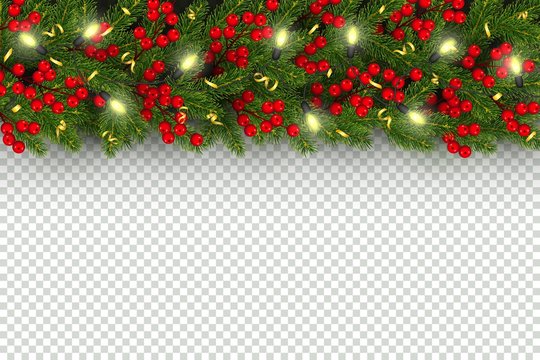 Christmas and New Year border of realistic branches of Christmas tree, garland with glowing lightbulbs, holly berries, serpentine