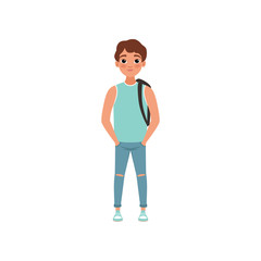 Obraz premium Schoolboy with backpack, student of highschool school, stage of growing up concept vector Illustration on a white background