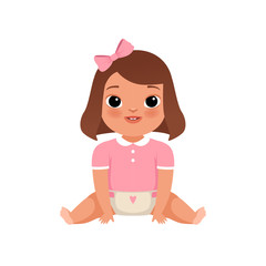 Cute little baby girl sitting on the floor, stage of growing up concept vector Illustration on a white background