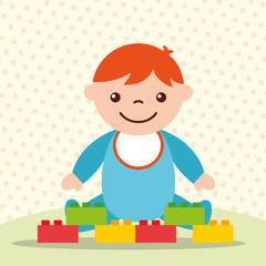 cute toddler boy with blocks brick toys vector illustration