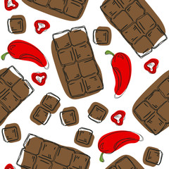 Chocolate with chili pepper isolated on white background. Seamless pattern. 