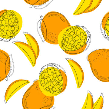Mango seamless pattern. Continuous line hand drawn.