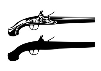 vintage flintlock pistol black and white vector design - antique gun outline and silhouette