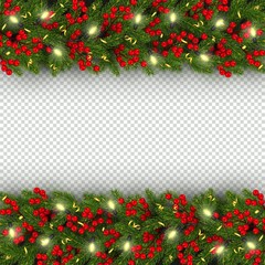 Christmas banner of realistic branches of Christmas tree, garland with glowing lightbulbs, holly berries, serpentine