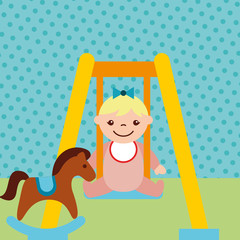 cute little girl on swing and rocking horse toys vector illustration