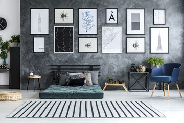 Spacious apartment interior with posters