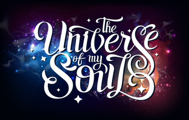 Lettering. typography design on Abstract open space background. Starfield, universe, nebula in galaxy. Vector illustration