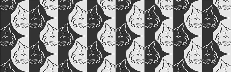 Seamless pattern with drawing cat. Template for graphic design, packaging, advertising and web design. Black and white. Modern vector background