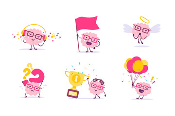 Vector set of illustration of pink color smile brain with glasses in different poses on white background. Cartoon brain concept. Doodle style.