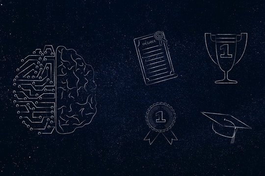 half digital half human brain next to group of education accomplishment icons from degree to trophy and from 1st place winner medal to graduation cap