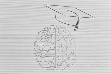 half digital half human brain with graduation mortar cap, genius mind concept