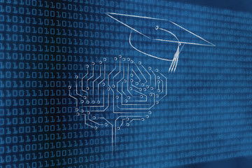digital brain with graduation mortar cap, genius mind concept