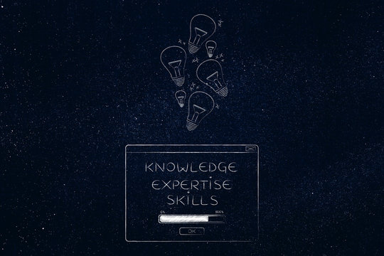 knowledge expertise skills loading pop-up message with idea light bulbs going in or out of it