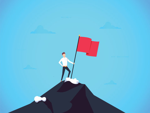 Business Leader Vector Concept With Businessman Planting Flag On Top Of Mountain. Symbol Of Success Achievement, Victory