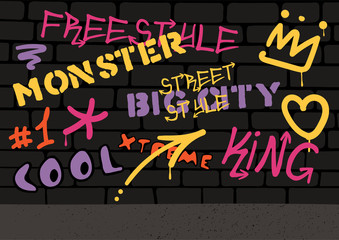 Hand drawn vector illustration of a brick wall covered with graffiti, tags, slogans, symbols. Isolated objects. Concept for urban background, children wallpaper.