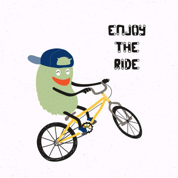 Hand drawn vector illustration of a cute monster in a snapback cap doing a stunt on a bicycle, quote Enjoy the ride. Isolated on white background. Concept for