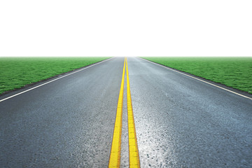 Asphalt road and the green grass field 3D rendering