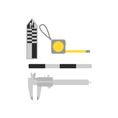Flat vector set of tools for archaeological excavations. Measuring devices centimeter photographic scales, roulette and calipers