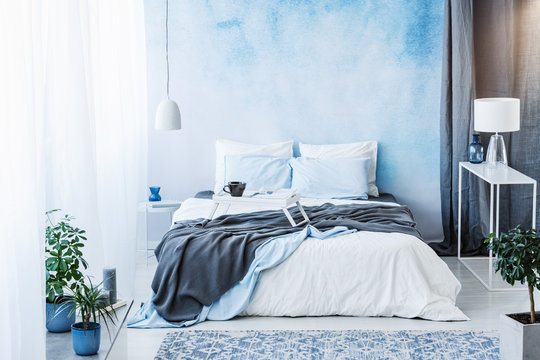 Grey blanket on bed in blue bedroom interior with plants and white lamp on table