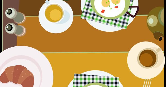 Top view breakfast flat animation with moving flat pattern of classic breakfast with letting: fried eggs, coffee, tea, croissant, kettle, salt shaker, pepper shaker.Free space for your info in the and