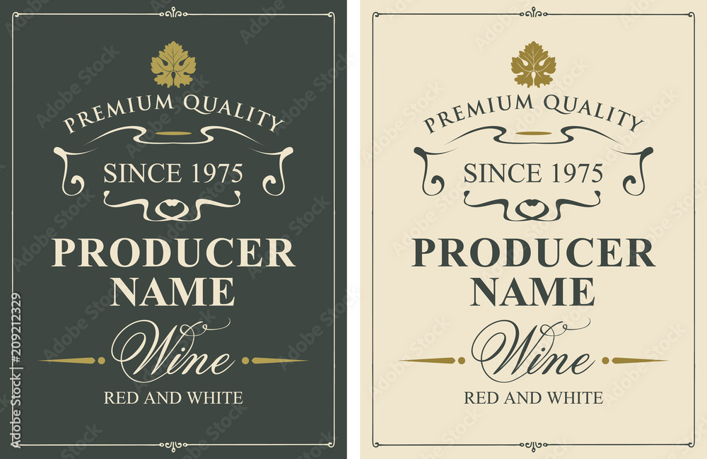 Wall mural set of two vector wine labels with vine leaves and calligraphic inscriptions in retro style