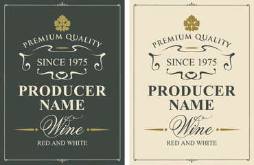 Set of two vector wine labels with vine leaves and calligraphic inscriptions in retro style