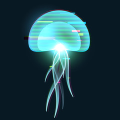 Futuristic digital vector 3d hologram jellyfish on black background. Modern illustration in tv glitch distorted style.