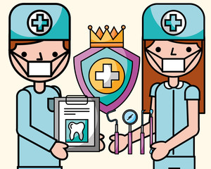 dentist boy and girl with medical report and tools oral hygiene vector illustration